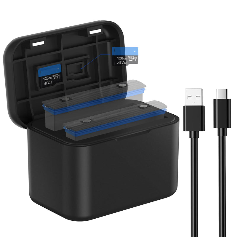 Fast Battery Charger Hub for Insta360 X4 Battery, Quick Portable 2 Channel Battery Charger Storager Station with USB Power Cord and Misro SD Card Slots