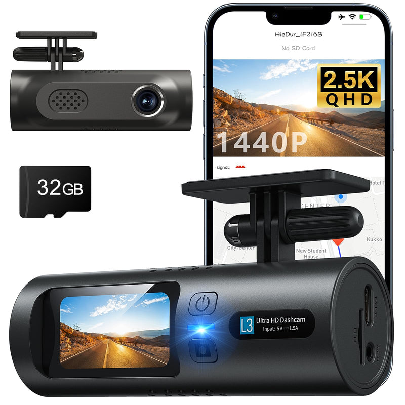 Dash Cam Front, 2.5K 1440P HD Dash Camera for Cars, Smart Mini Dashcam with App, Built-in WiFi, 1.47" IPS Screen, 150°Wide-Angle, Night Vision, WDR, 24Hours Parking Mode, G-Sensor, Free 32G Card L3-2.5K