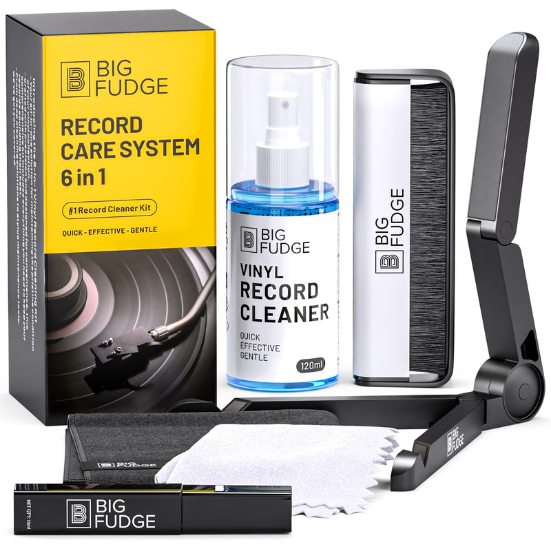 [AUSTRALIA] - Big Fudge Complete Vinyl Record Cleaning Kit - 6-in-1 Vinyl Record Cleaner - incl. Carbon Fiber Record Brush, Stylus Cleaner, Drying Stand, Microfiber Cloth & Towel Cloth - Record Player Accessories 