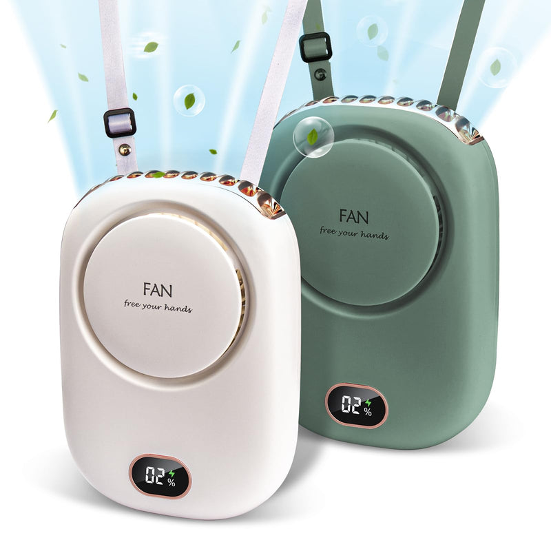 2 Pack Portable Neck Fan, Hanging Neck Fan Hands Free with Adjustable Lanyard and Bracket, USB Rechargeable Bladeless Mini Fans Portable (White+Green)