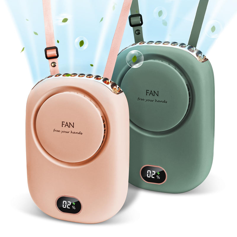 2 Pack Portable Neck Fan, Hanging Neck Fan Hands Free with Adjustable Lanyard and Bracket, USB Rechargeable Bladeless Mini Fans Portable (Pink+Green)