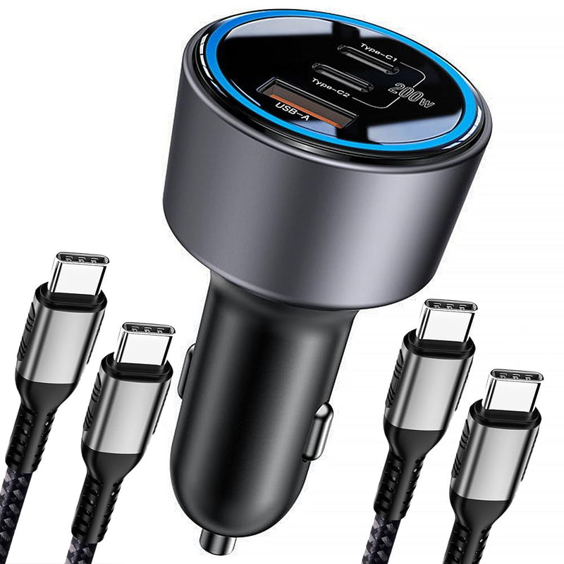 200W Car Charger, USB C Car Charger PD3.0 QC4.0 PPS Fast Charging Car Adapter with 2 100W USB C Cable 3 Port Type C Cigarette Lighter for Dell XPS, MacBook, iPhone 16 15 14, Galaxy S24 Ultra, iPad Pro Black 200W