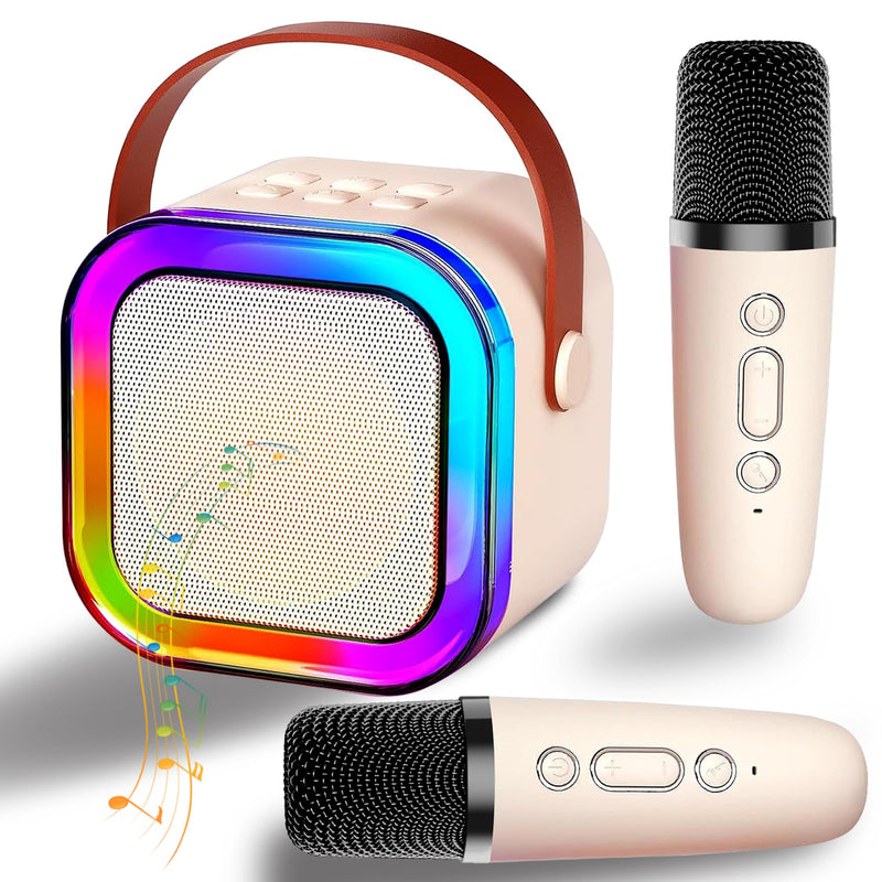 2024 Mini Karaoke Machine for Kids Adults, Portable Bluetooth Karaoke Speaker with 2 Wireless Microphones, Ideal Gifts for Girls Boys Age 4-12+, Perfect for Birthday Parties, Home, Outdoor beige