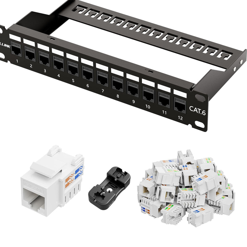 iwillink 12 Port RJ45 Through Coupler Cat6 Patch Panel with Back Bar and Keystone Jack RJ45 Keystone Jack 25-Pack