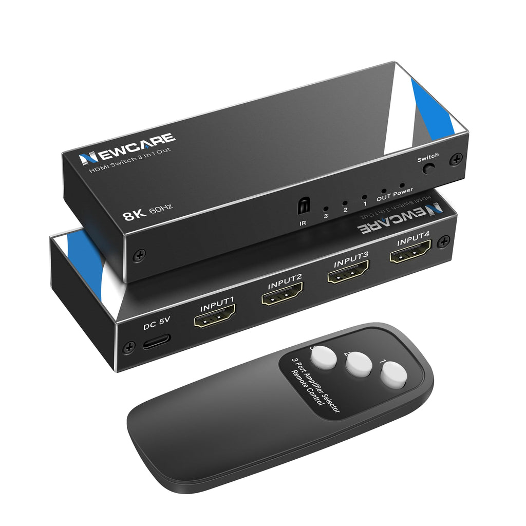 NEWCARE 8K HDMI 2.1 Switch 3 in 1 Out with Remote, 8K@60Hz 4K@120Hz HDMI Switch support 48Gbps, 3D Surround Sound, HDR 10+, VRR, ALLM,3 port HDMI Switcher Compatible with PS5/4 Xbox, Streaming Device 8K@60Hz HDMI Switch 3 in 1 Out