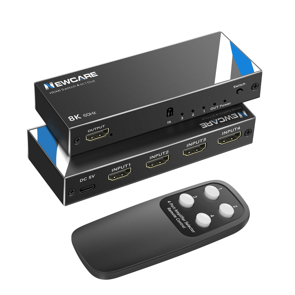 NEWCARE 8K HDMI 2.1 Switch 4 in 1 Out with Remote, 8K@60Hz 4K@120Hz HDMI Switch support 48Gbps, 3D surround sound, HDR 10, VRR, ALLM, 4 port HDMI Switcher Compatible with PS5/4, Xbox,Streaming Device 8K@60Hz HDMI Switch 4 in 1 Out