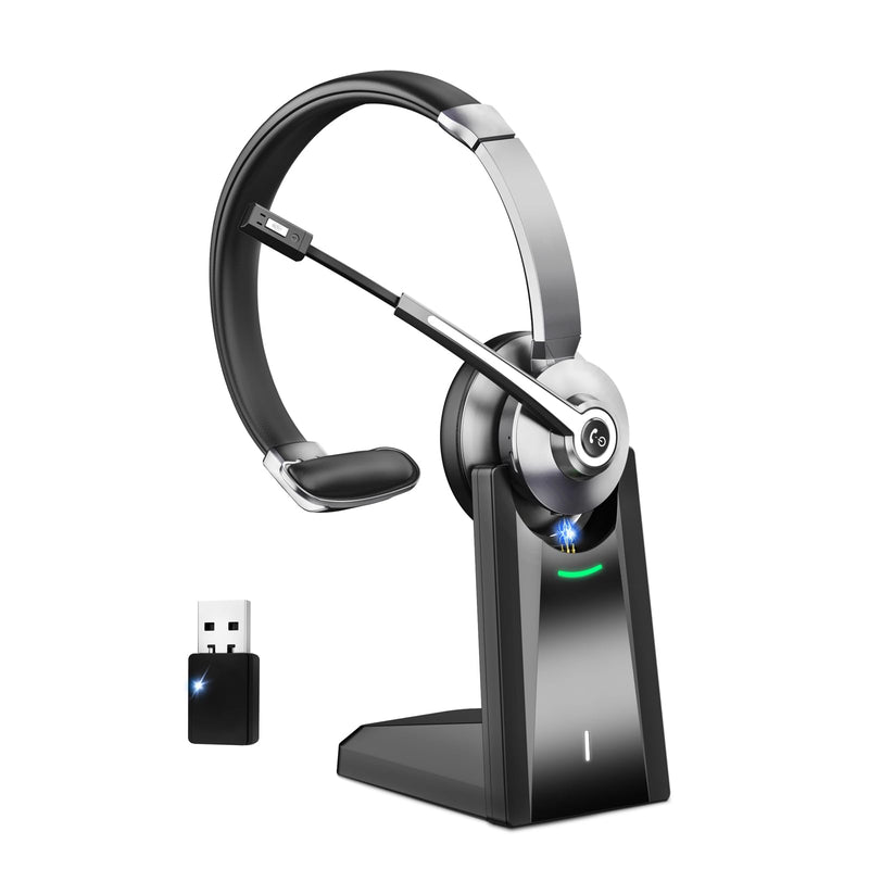 Wireless Headset, Bluetooth Headset with Microphone Noise Canceling & USB Dongle, Headphones with Mic Mute & Charging Base, Wireless Headset with Mic for Work from Home/Call Center/Computer/Zoom