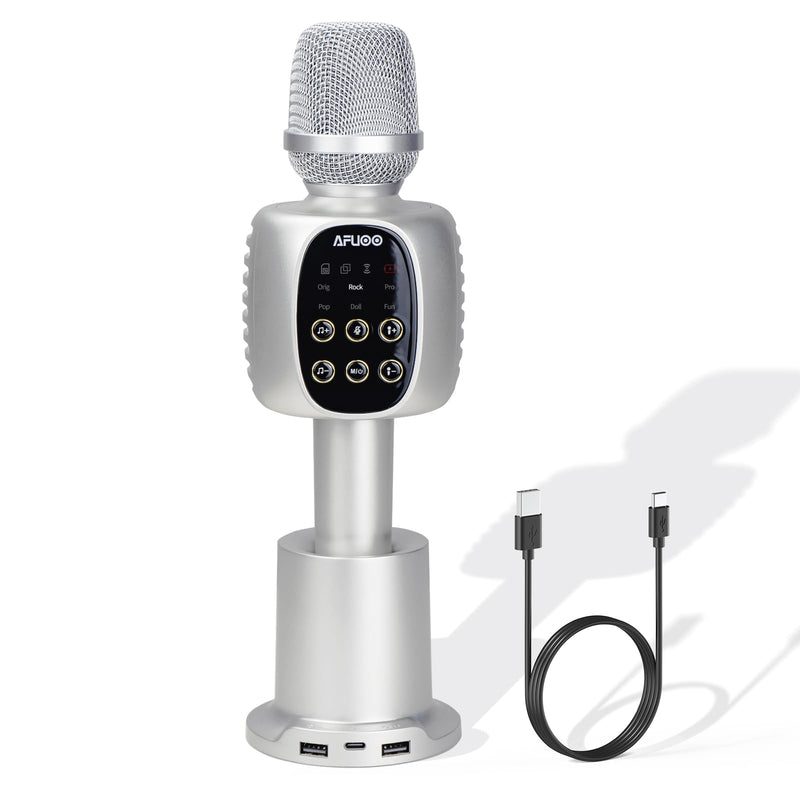 Wireless Bluetooth Karaoke Microphone Speaker for Adults, Karaoke Mic with Stereo Speaker for Smartphone, Tablet, Duet Singing Karaoke Mic for Speech, Home Party, Vocal Changer, Silver Included base
