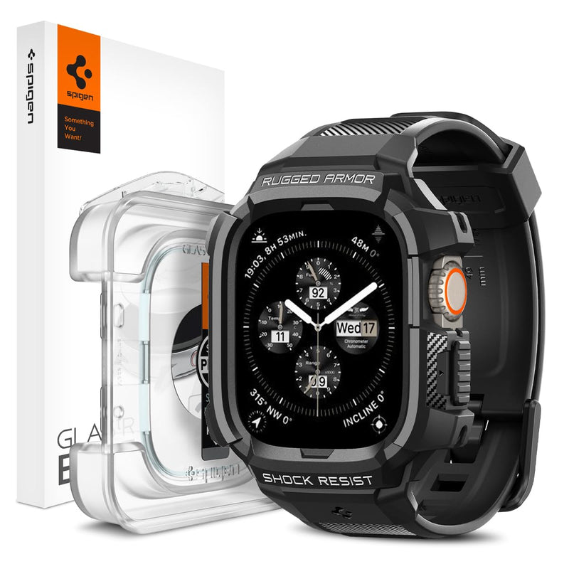 Spigen Tempered Glass Screen Protector [GlasTR EZ FIT] and Rugged Armor Pro designed for Apple Watch Ultra 3/2 (49mm) / Ultra (49mm)