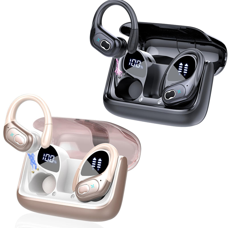 Aptkdoe 2 Sets Wireless Earbuds Sport, Bluetooth 5.4 Over Ear Buds Stereo Deep Bass Over Ear Bud with Earhooks, 75H Wireless Earphones with Mic, IPX7 Waterproof Earphone for Sports Black+Rose Gold