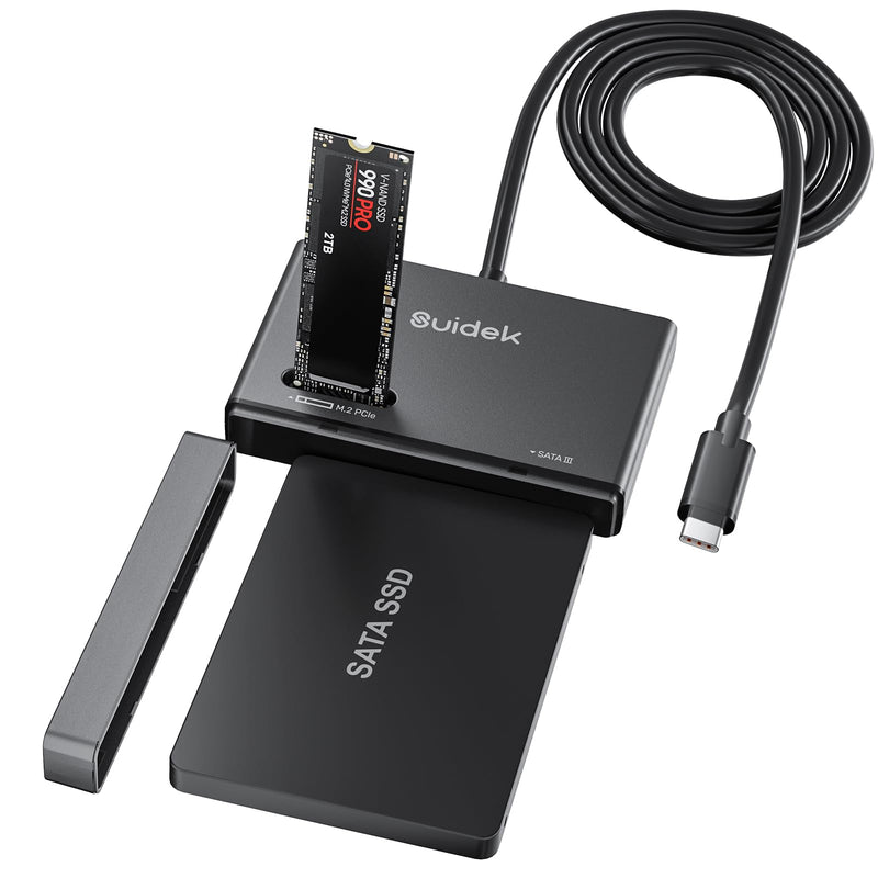 SUIDEK M.2 NVMe & SATA to USB C Adapter, 10Gbps External SSD Enclosure | Tool-Free Hard Drive Reader Compatible with M.2 (M Key & M+B Key) Any Sizes & 2.5/3.5" SATA SSD, Include 12V/2A Power Adapter Black