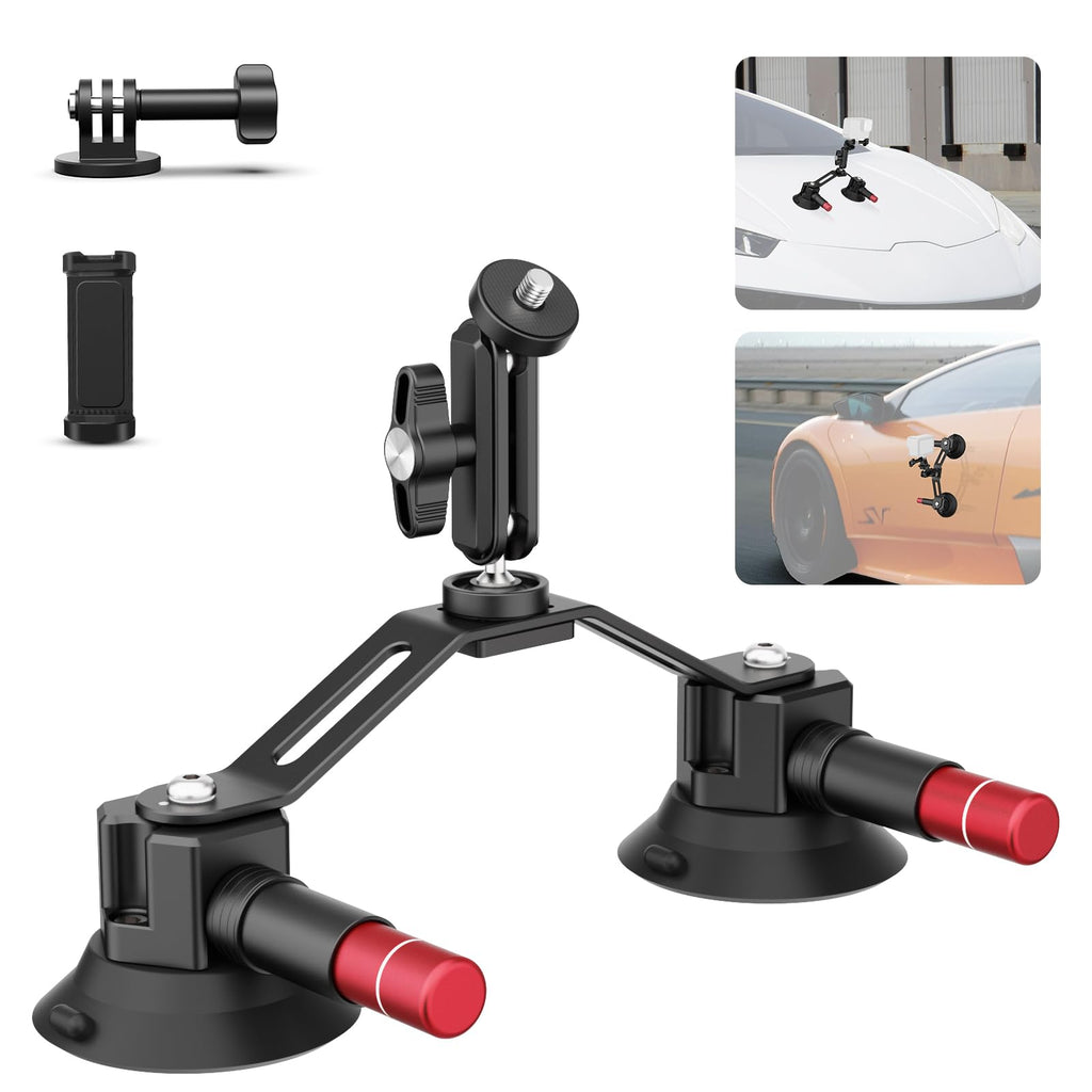 Neewer Dual Suction Cup Car Mount Kit with 360° Ball Head Magic Arm, Quick Release Air Pump Vacuum Camera Mount with Phone Holder & Action Camera Adapter Compatible with Insta360 DJI OSMO, CA066