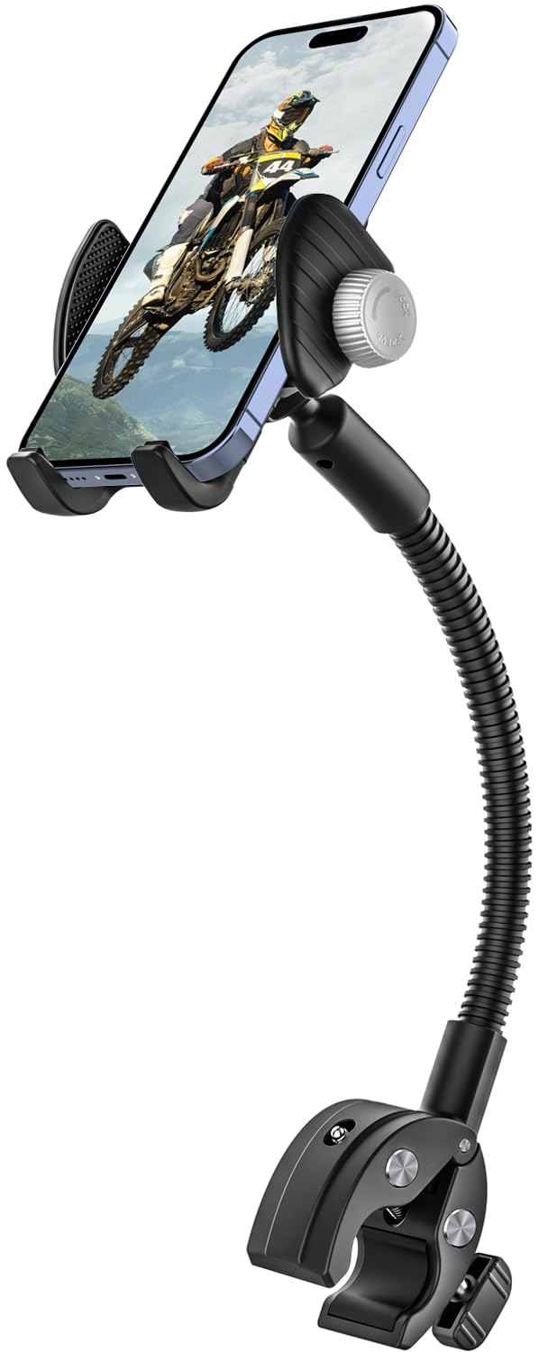Gooseneck Phone Holder for Wheelchair, Stroller, Golf Cart, Boat, Mic Stand, Indoor Cycling Bike, Gym Bicycle Handlebar Clamp for iPhone Air 17 Pro Max 16 15 14 13 12 Plus, S25, 4.7 to 7" Smartphones