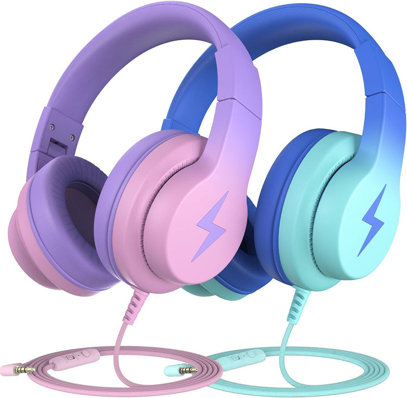 Candy Bila Wired Kids Headphones for School, Over-Ear for Boys Girls | Volume Limiter 85/94dB, HD Stereo Sound, Microphone and Wired Control, Foldable Design Gradient Blue, Gradient Purple