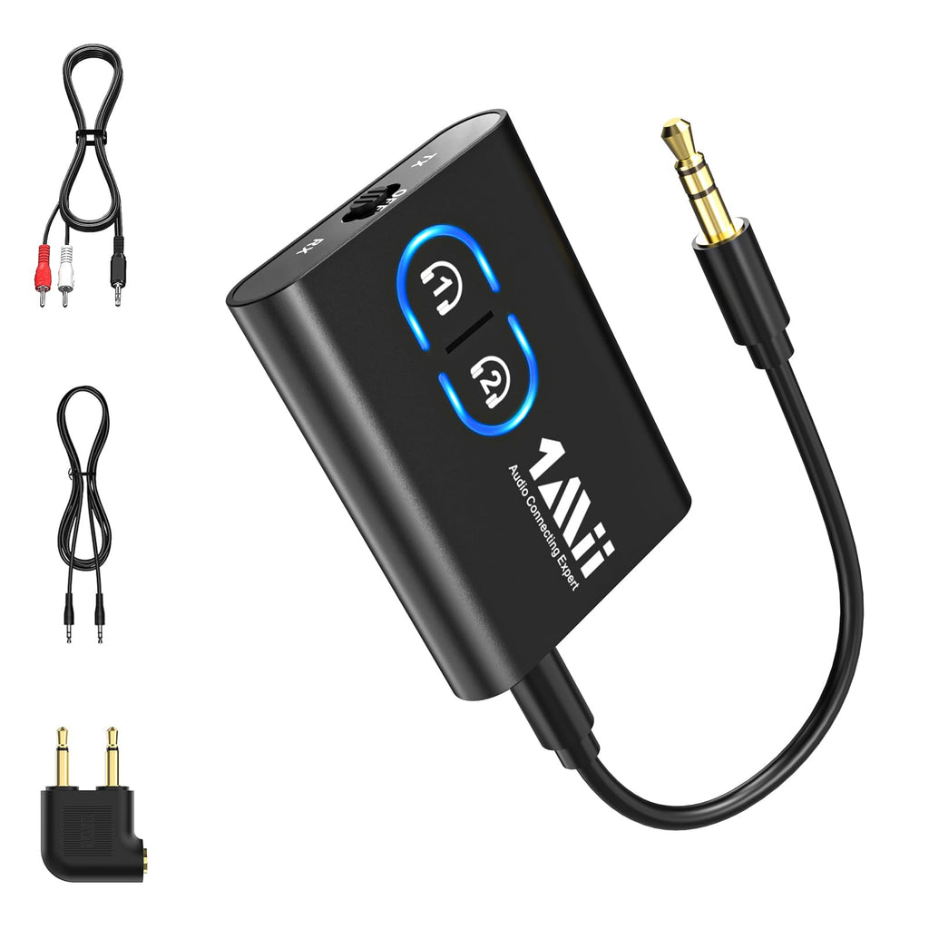 1Mii Airplane Bluetooth 5.3 Transmitter Adapter for Headphones or Airpods, Bluetooth Transmitter Receiver for Flight, TV, Gym, MP3 Player, Supports 2 Headphones, with AptX Adaptive/Low Latency/HD