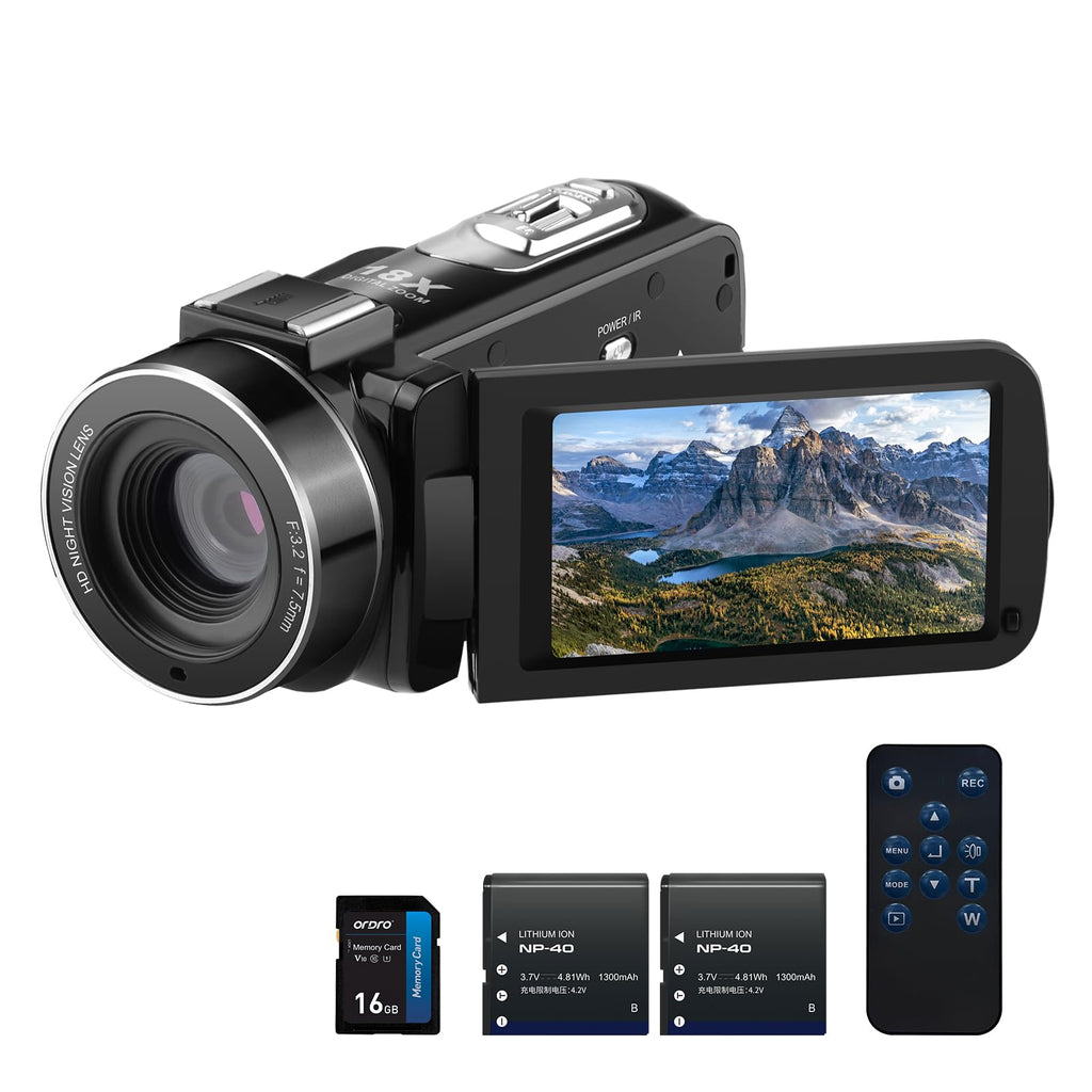 ORDRO Video Camera Camcorder Full HD 1080P 30FPS 30MP, IR Night Vision Vlogging Camera Recorder for YouTube 3.0 Inch IPS Screen 18X Zoom Camcorders with 16G SD Card, 2 Batteries Remote Control