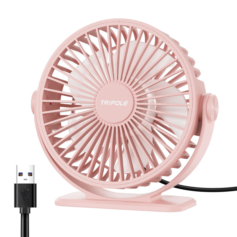 TriPole USB Desk Fan Mini Portable Personal Fan, 3 Speeds Adjustable Strong Breeze Small Electric Fan, 360° Rotation Quiet Plug In USB Fan for Desktop Bedroom Office Table Travel Cruise, Pink, 4.5in