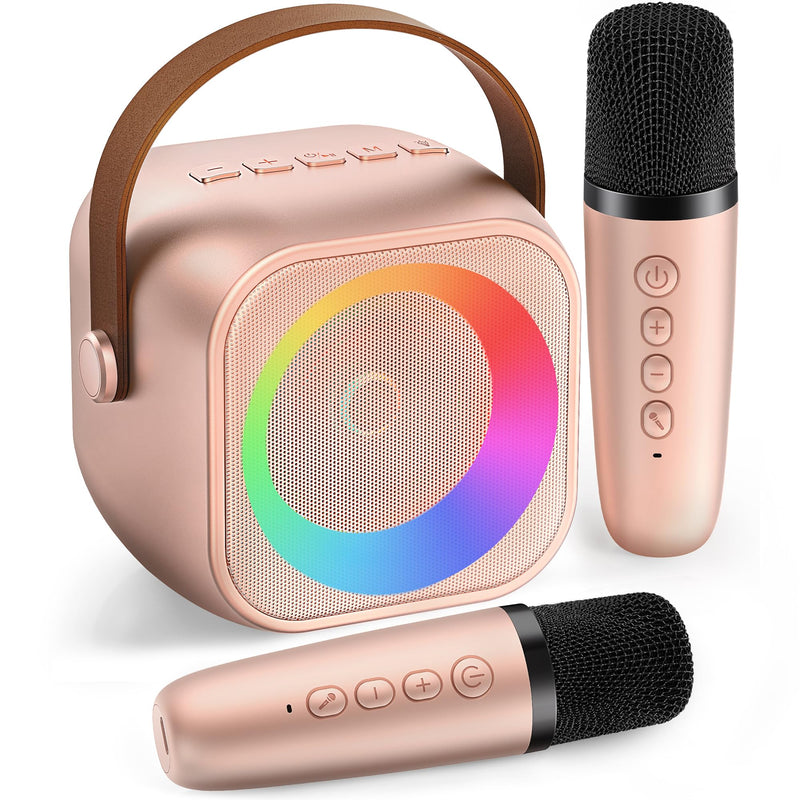 [AUSTRALIA] - Mini Karaoke Machine, Portable Bluetooth Karaoke Speaker with 2 Wireless Microphones and Party Lights for Kids and Adults, Birthday Gifts for Girls Boys Family Home Party (Rose Gold) 2 Mics Rose Gold 