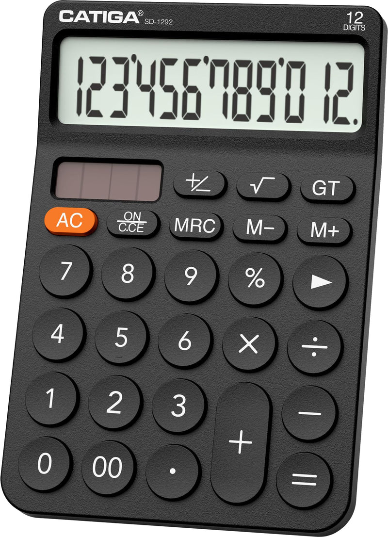 [AUSTRALIA] - CATIGA 12 Digit Desktop Calculator with Large LCD Display, 4 Funtions Calculator, Round Design Big Button, Solar and Battery Dual Power, Standard Function for Office, Home, School, SD-1292 1) Black 