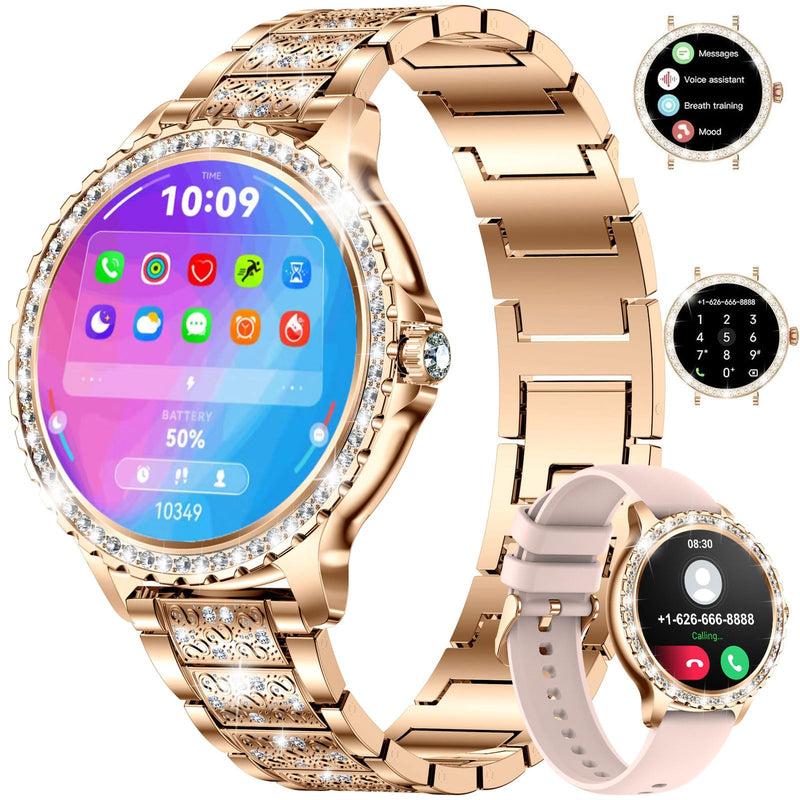 LIGE Smart Watch for Women(Answer/Make Calls),1.3"HD Diamonds Luxury Smartwatch for Android iPhone Phones,Fitness Trackers with 20+ Sport Modes/Heart Rate/IP68 Waterproof/SpO2/Sleep Monitor,Rose gold Rose Gold