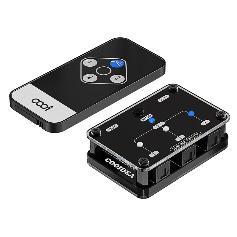 Toslink Automatic Switch Digital Optical Switcher 3 in 1 Out with Remote Control Supports 192k/24Bit PCM2.0 DTS Dolby-AC3 Compatible with HDTV/Xbox/Blu-Ray Player/PS