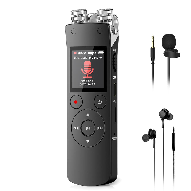 128GB Voice Recorder, Digital Voice Activated Recorder with Playback, 3072kbps Audio Recorder Dictaphone for Meetings Interviews, HD Recording, Variable Speed, A-B Repeat, Large Screen