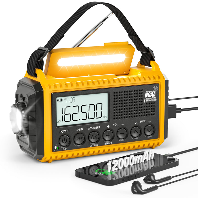 12000mAh NOAA Emergency Weather Radio, Hand Crank Emergency Radio Portable AM FM Shortwave, Solar Rechargeable Battery Powered Radio with USB-C Charger & Adapter, SOS Alert Flashlight for Home Camping 12000mAh Yellow with LCD Display