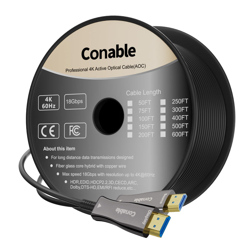 4K HDMI Cable 100 FT, High Speed Fiber Optic HDMI Cable, Unidirectional 18Gbps, Ultra HD, Supports 4K@60Hz, 4:4:4 RGB, HDCP 2.2, 3D ARC, HDR10, Dolby Vision, Zinc Alloy Shell, Slim Cable, OD : 4.8mm 100FT