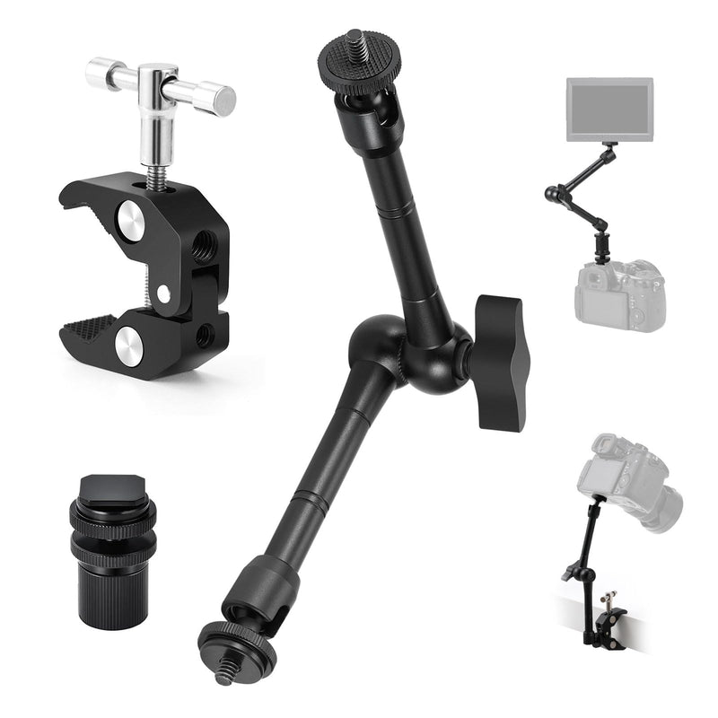 TARION Magic Arm with Super Clamp - 11in/28cm Adjustable Articulating Friction Camera Mount & Clamp with 1/4"" and 3/8"" Thread for LCD Monitor LED Light Flash Light Phone Action Cam, Black