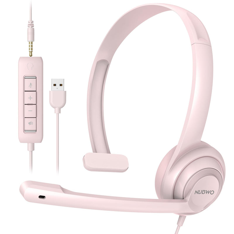 NUBWO HW02 USB Headset with Microphone Noise Cancelling &in-line Control, Ultra Comfort Computer Headphones for Laptop pc, On-Ear Wired Office Call Center Headset for Boom Skype Webinars (Pink) 1 pack Pink