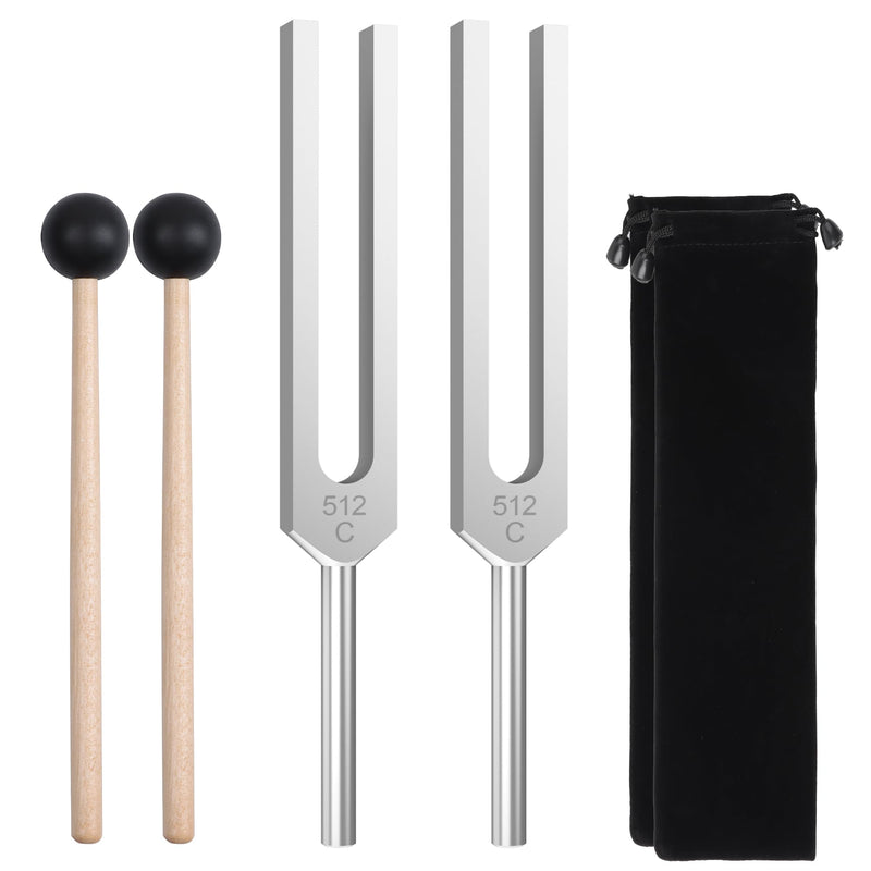 2 pcs 512Hz Tuning Forks Set, Made of Aluminum Alloy Material, Paired with 2pcs Silicone Hammers and 2pcs Plush Cloth Bags, Suitable for Chakra Sound Therapy, Yoga, Meditation