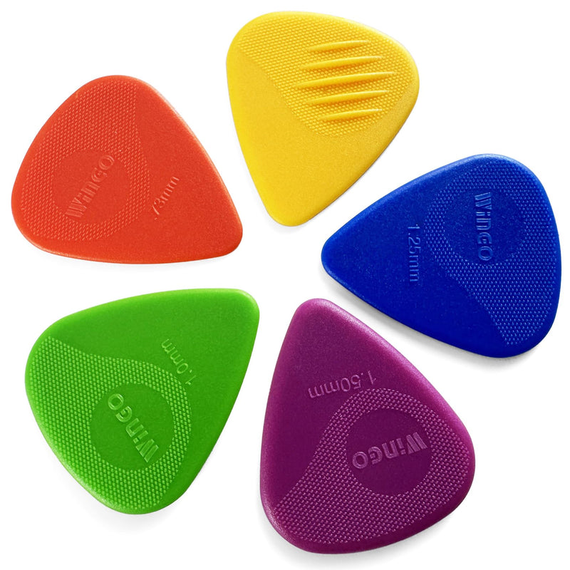 WINGO Guitar Picks with Grip Stamped, Non Slip Picks 5 Pack (073, 088, 1.0, 1.25, 1.5mm) for Acoustic Electric Guitar Bass Multicolor