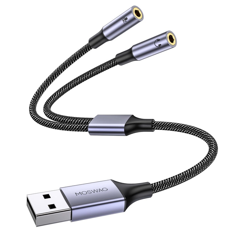 MOSWAG USB Audio Adapter External Sound Card Stereo Cable with Dual TRS 3-Pole 3.5mm Headphone and Microphone Jacks USB to Dual 3.5mm Audio Jack Adapter Cable for Windows Mac PC Laptops 10 Inch/25 cm Black