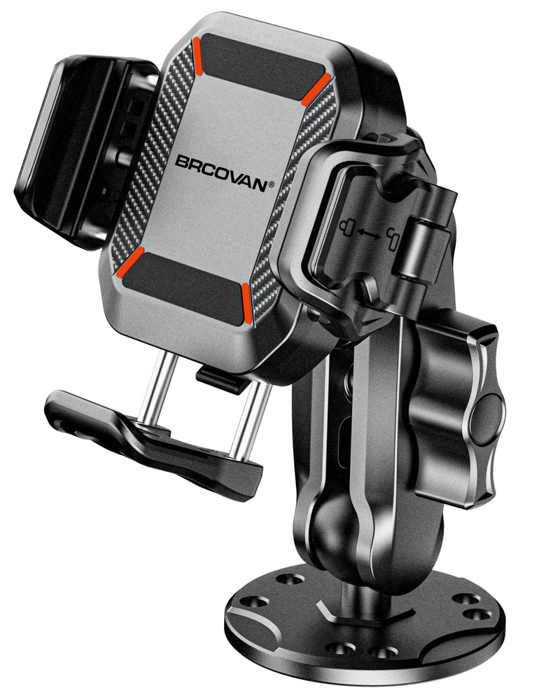 BRCOVAN Anti-Theft Phone Mount Holder with Vibration Dampener, 1s Locking | Don't Block Camera, with Aluminum Round Base & Medium Arm, for Car Boat Truck Motorcycle UTV, Fit 5.4-7.2'' Smartphones