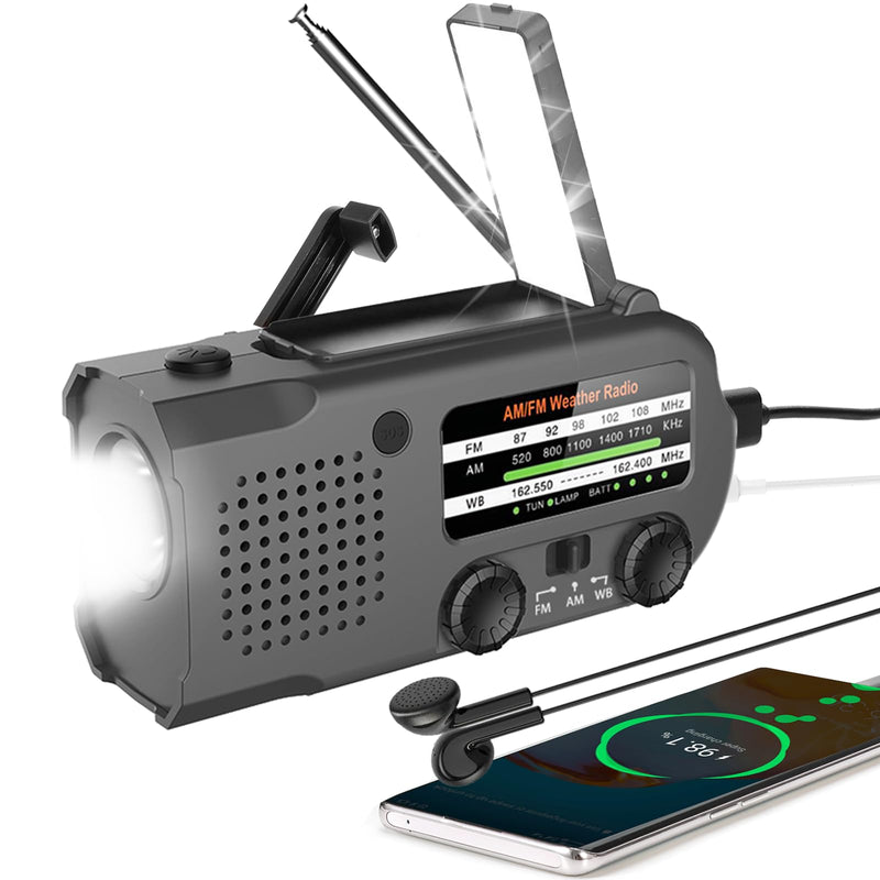 Emergency Radio, Multifunction Solar Crank Radio NOAA Weather AM/FM Radio 5000mAh/18500mWh with USB Charged, Reading Light, Flashlight, SOS Alarm, Headphone Jack Prepare for Emergencies Black