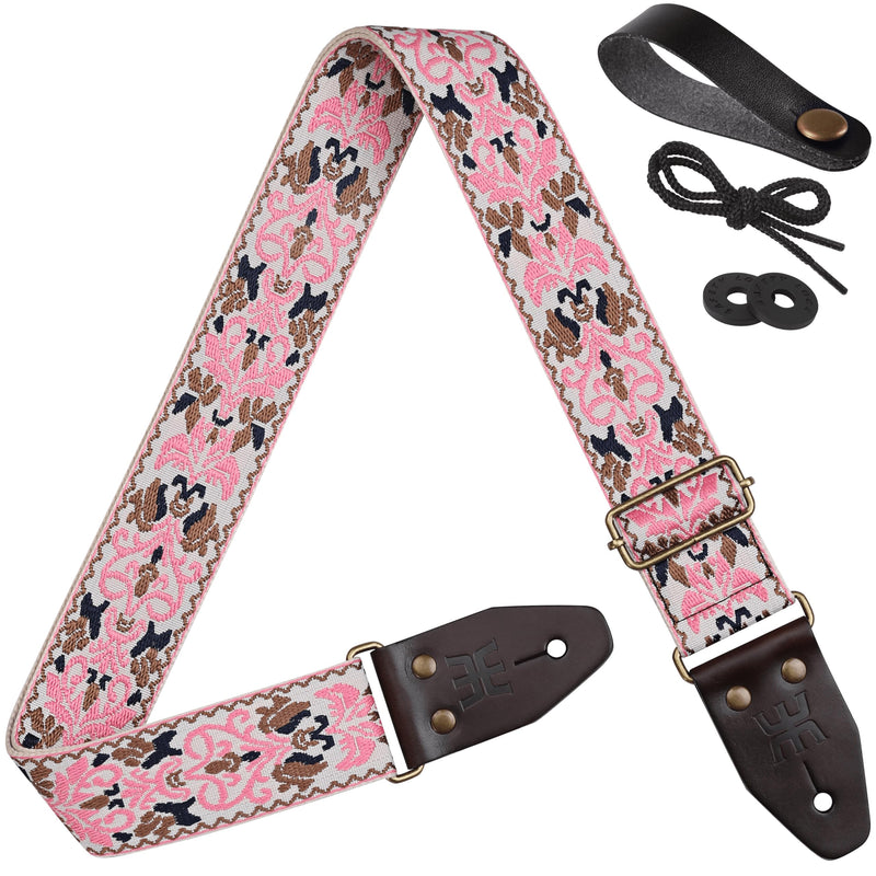 Amumu Pink Spades Heart Embroidery Guitar Strap - Vintage Style with Top Grain Cowhide Leather Ends & Pick Pocket - Fits Bass, Electric, Acoustic Guitars
