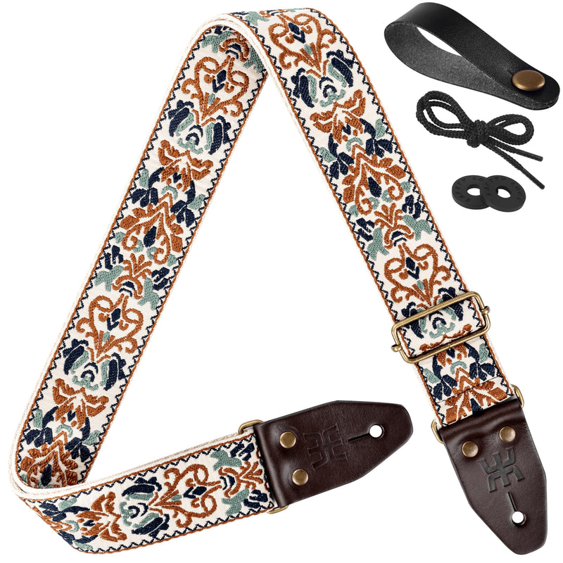 [AUSTRALIA] - Amumu Beige Brown Spades Heart Embroidery Guitar Strap - Vintage Style with Top Grain Cowhide Leather Ends & Pick Pocket - Fits Bass, Electric, Acoustic Guitars 