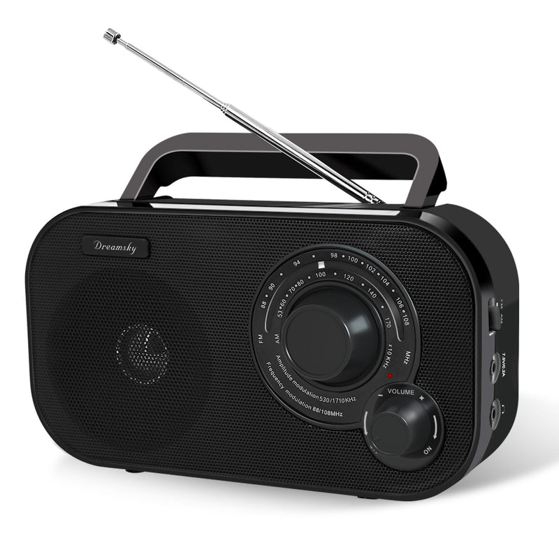 [AUSTRALIA] - DreamSky AM FM Portable Radio Plug in Wall or Battery Operated for Home & Outdoor, Strong Reception, Large Dial Easy to Use, Transistor Antenna, Headphone Jack, Small Gifts for Seniors Elderly Black 