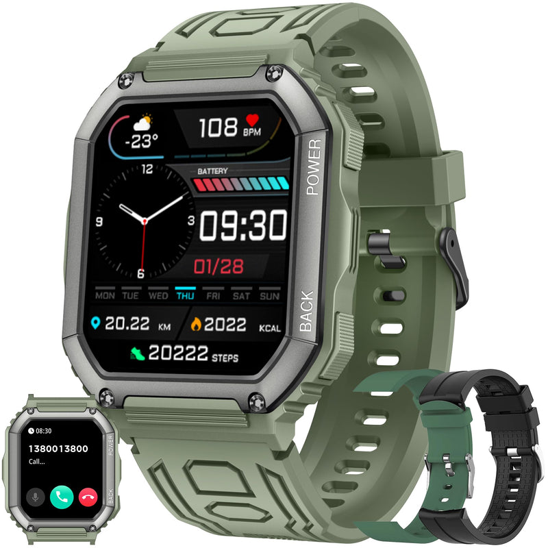 Smart Watches for Men(Answer/Make Call), 1.8" HD Fitness Tracker Watch with Blood Pressure/Heart Rate Monitor, SpO2, 100+ Sports Fitness Smart Watch for Android/iOS Phones, 3 Watch Bands (Green)