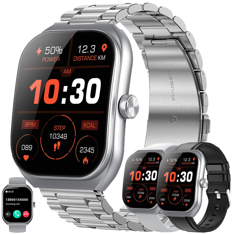 Smart Watches for Men(Answer/Make Call), 2.01" Curved Screen HD Fitness Tracker Watch with Blood Pressure/Heart Rate Monitor, SpO2, Fitness Watch for Men, Smart Watch for Android/iOS Phones (Silver)