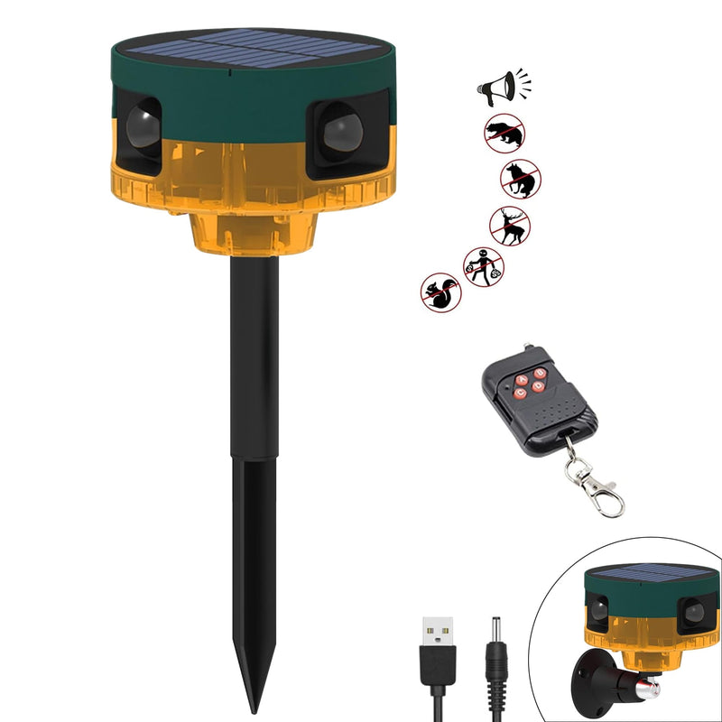 [AUSTRALIA] - Solar Outdoor Motion Sensor Alarm: Dog Barking&Gunshot Sound, 129db Loud Siren,Support Recording, 13 Kinds of Sound Strobe Light Yellow 1 Pack 