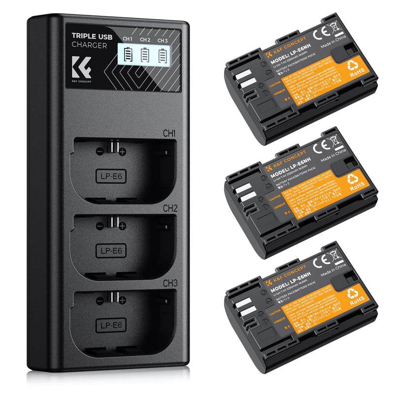 K&F Concept 3-Pack LP-E6NH Battery and Triple Slot Charger for Canon EOS R5, R6, R, 6D Mark II, 5D Mark IV, 5D Mark III, 5DS, 5DS R, 5D Mark II, 80D, 90D, 6D, 7D, 7D Mark II, 2250mAh