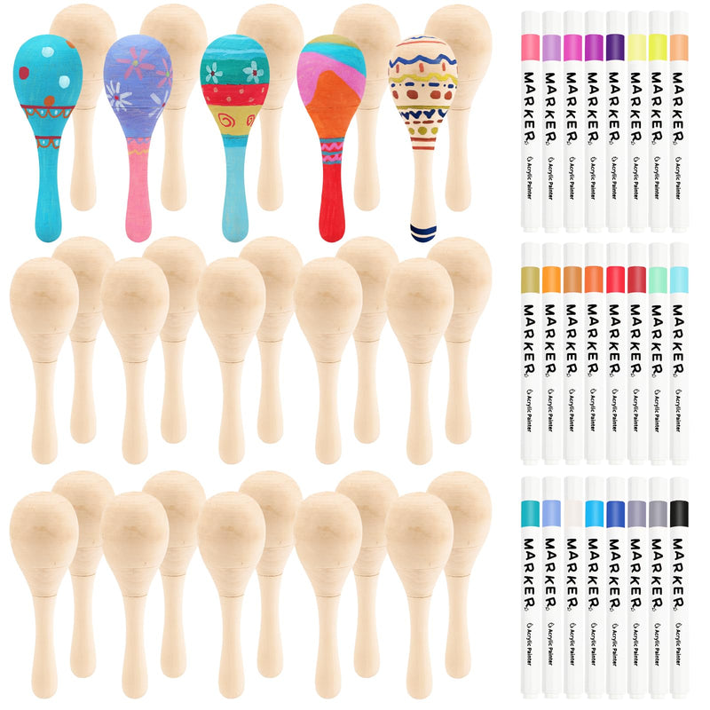30 PCS Unfinished Wooden Maracas DIY Mini Wooden Maracas Mini Maracas for Mexican Fiesta Party Favors with 24PCS Multi-color Pens DIY Painting Maracas Bulk Cinco De Mayo Party Supplies 30pcs