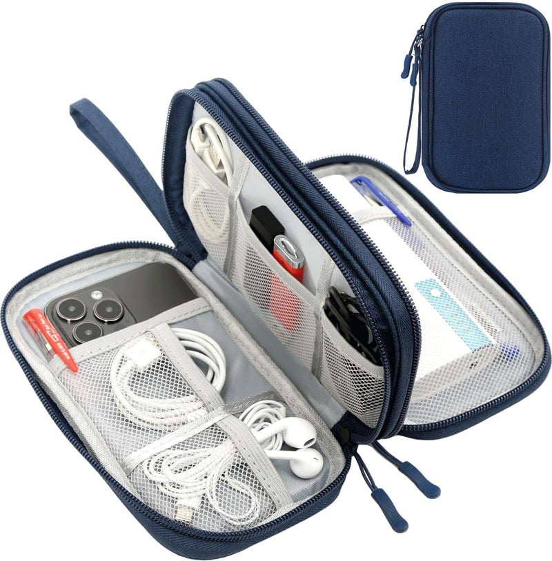Electronic Bag Travel Cable Accessories Bag Waterproof Double Layer Electronics Organizer Portable Storage Case for Cable, USB, Cord, Charger, Phone, Power Bank, Earphone (Navy Blue, Large) Navy Blue