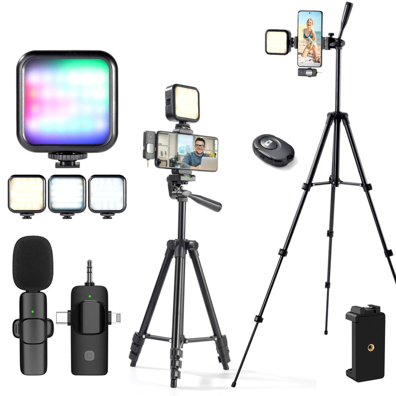 Vlogging Kit,YouTube Starter Kit,Vlogging Kit for iPhone,Youtuber Kit Beginner Content Creator Essentials Kit for Android,Vlogging Camera Kit with Tripod/Wireless Microphone/RGB Fill-in Light/Remote