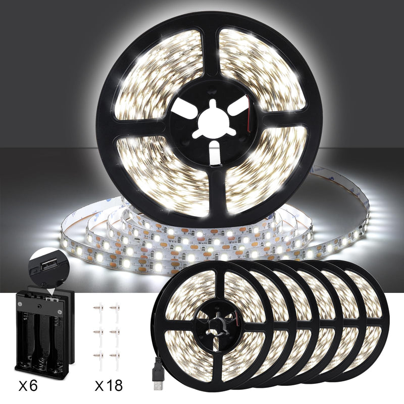 [AUSTRALIA] - 49.2ft USB LED Light Strip White with Battery Box (Batteries Not Included), Daylight LED White Strip Lights Cuttable LEDs for Bedroom, Mirror, Party, Camping, Birthday, Christmas, 8.2ft x 6 49.2ft White Light Strips 