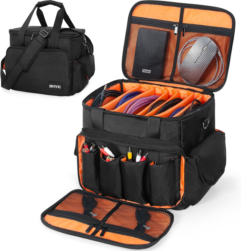 DJ Cable File Bag with 6 Detachable Dividers Gig Cable Bag for Cords,DJ Gear,Sound Instrument and Accessories 12"x8"x8" Black Orange 12Lx 8Wx 8H inch