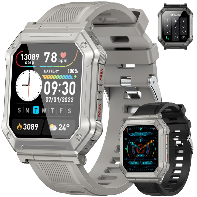 Smart Watch for Men Fitness Tracker: Military Smart Watches for Men Digital Mens Watches Make/Answer Call Running Waterproof Smartwatch Android Phones iPhone Samsung Compatible Heart Rate Monitor Grey