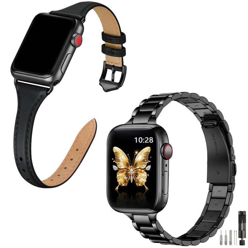 Slim Apple Watch Leather Band and Stainless Steel Metal Band for iWatch 38mm, 40mm, and 41mm，Black Black+Metal Black