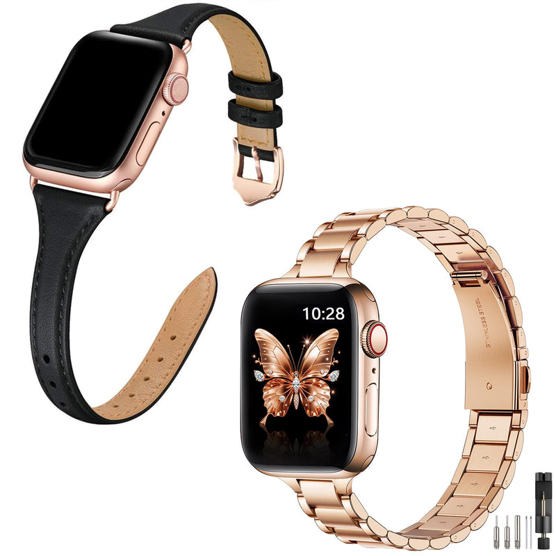 Slim Apple Watch Leather Band and Stainless Steel Metal Band for iWatch 38mm, 40mm, and 41mm，Black Rose Glod+Metal Rose Gold